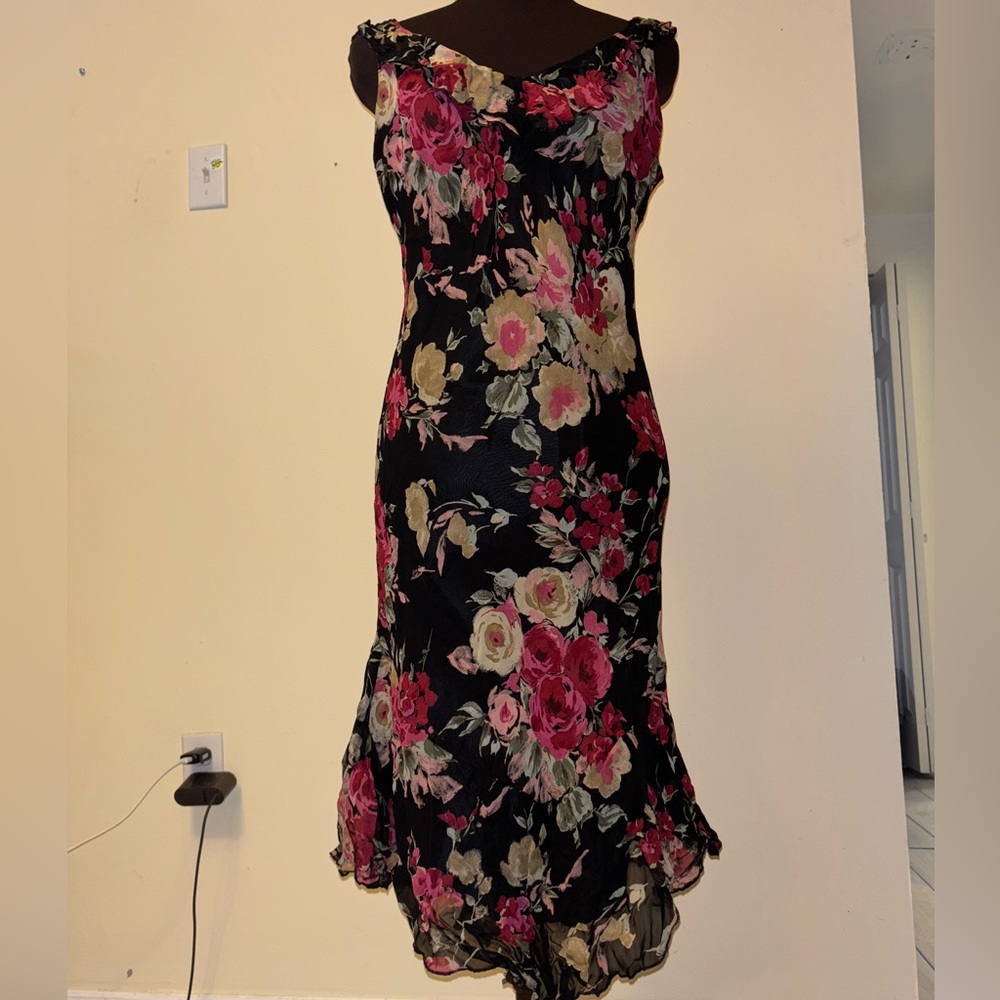 Evan Picone Black and Pink Floral Midi Dress